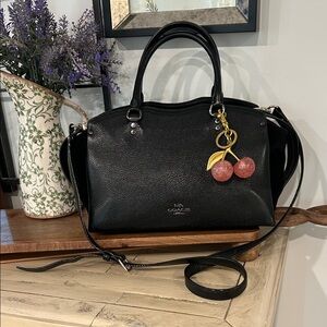 Coach Black Pebbled Leather Satchel with Cherry Charm Accent